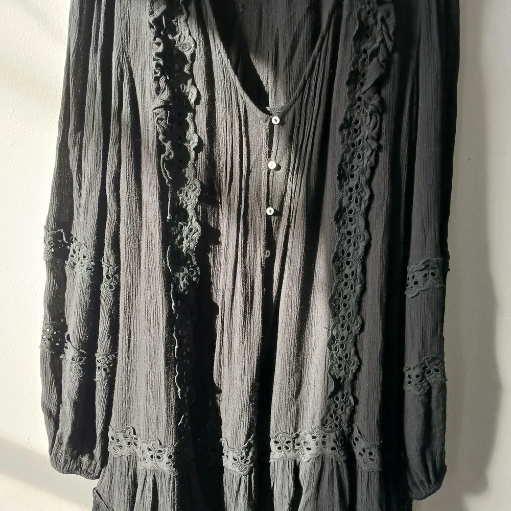 Free People Size Small Snow Angel Mini Dress Black Long Sleeve‎ Bohemian Slip - Picture 3 of 13